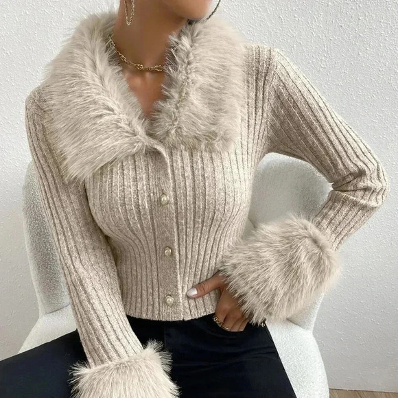 Apricot Elegant Women's Fuzzy Collar Ribbed Knit Cardigan - Picture 7 of 8